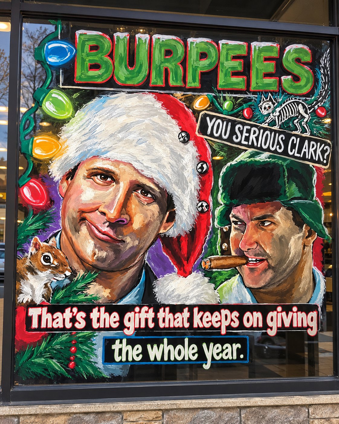 Hand-painted holiday storefront window with large lettering and portraits