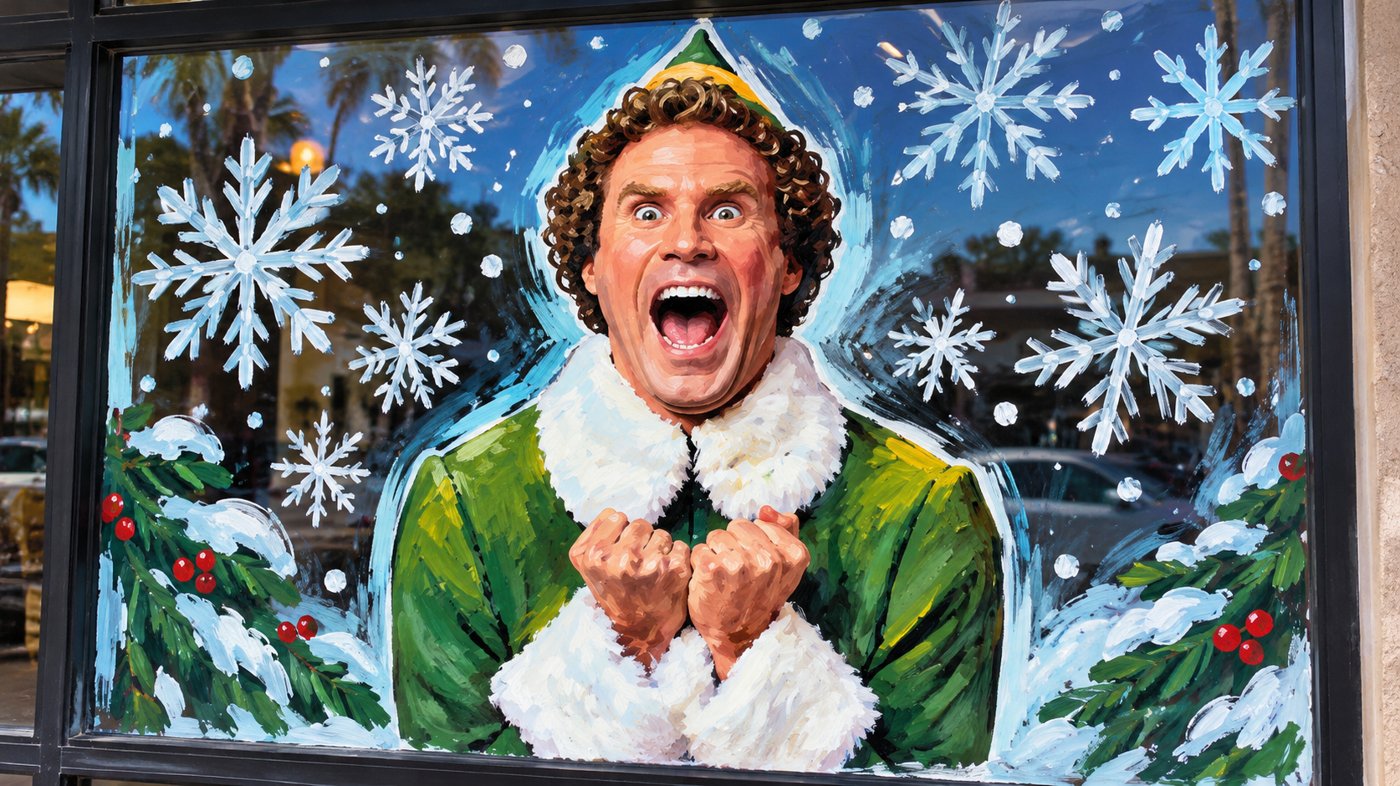 Hand-painted holiday storefront window, full-colour portrait and snowflakes