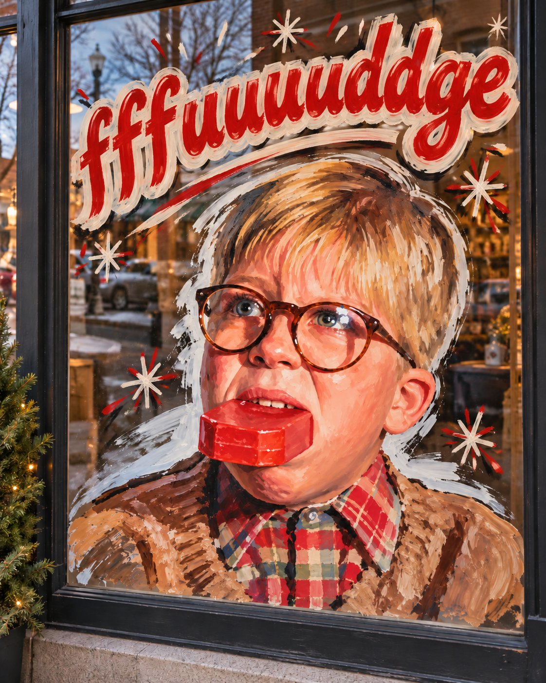 Hand-painted storefront window with brush script lettering over portrait artwork