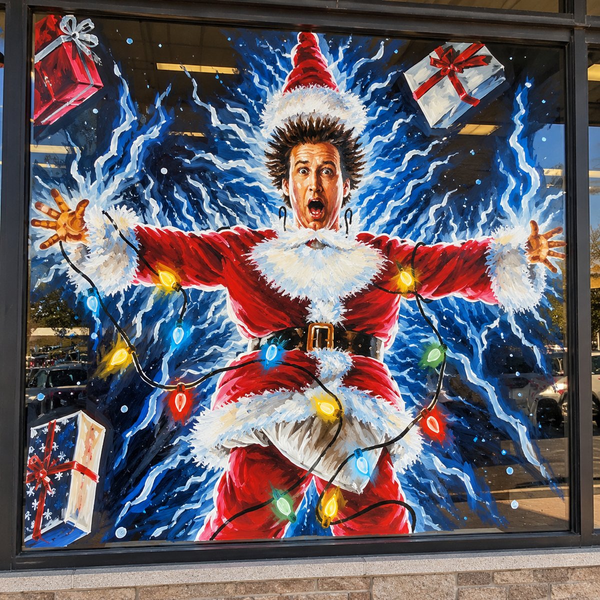 Hand-painted holiday storefront window with figure, string lights and gift boxes