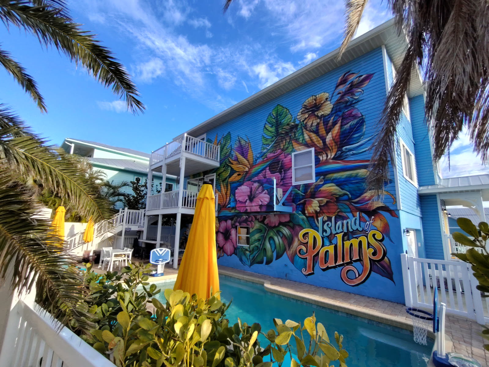 Vibrant completed tropical paradise pool mural on bright blue wall at 509 S Bay, featuring large bird of paradise flowers, colorful monstera and hibiscus leaves, and 'Island of Palms' lettering beside the swimming pool with yellow umbrella and palm trees