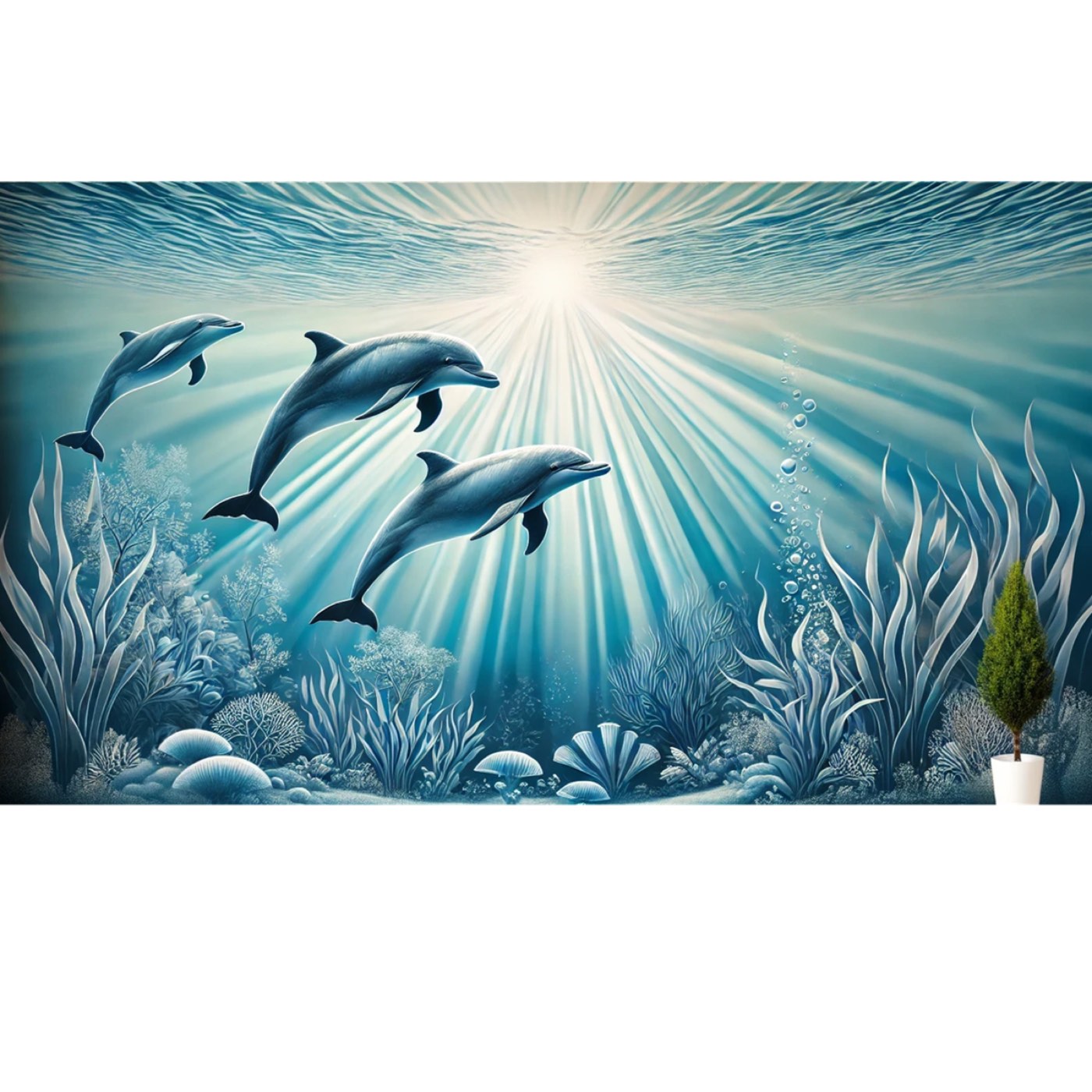 Serene realistic underwater mural with dolphins swimming through sun rays and detailed ocean plants